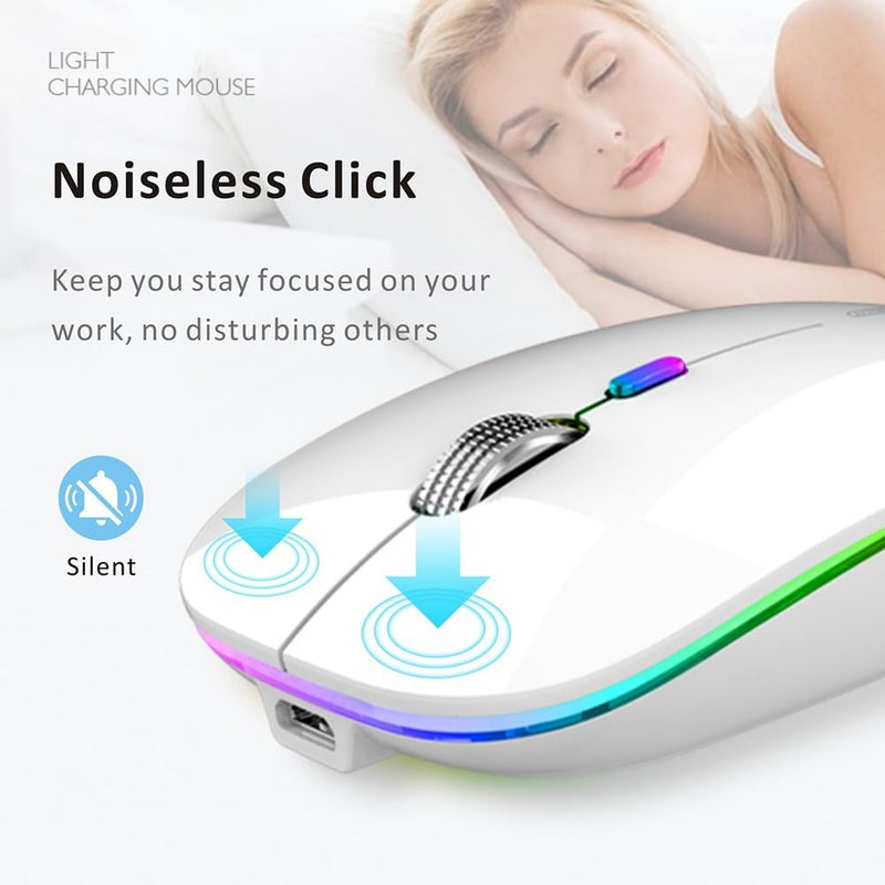 Uiosmuph LED Wireless Mouse, G12 Slim Rechargeable Silent Mouse, 2.4G Portable USB Optical Wireless Computer Mice with USB Receiver and Type C Adapter (White) - Image 3